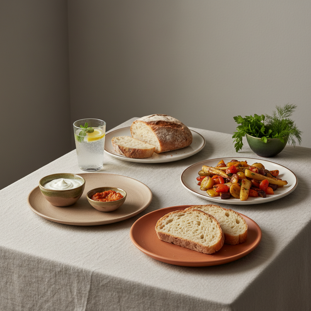 Heimeliges, realistisches Küchensetup mit angerichteten Tellern und alkoholfreiem Getränk, warme Markenfarben #dbdbcf/#a5cd8d/#21431f – Ersatz für Alkohol