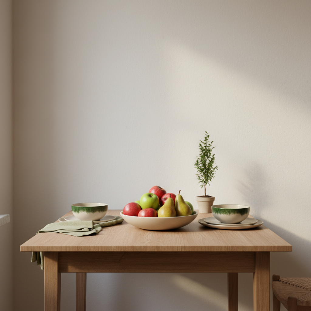 Minimalistische Küchenaufnahme: gedeckter Holztisch mit Obstschale (Äpfel, Birnen) und dezent platzierter Säulenobst-Pflanze im Hintergrund, warmes Licht, Wand #dbdbcf