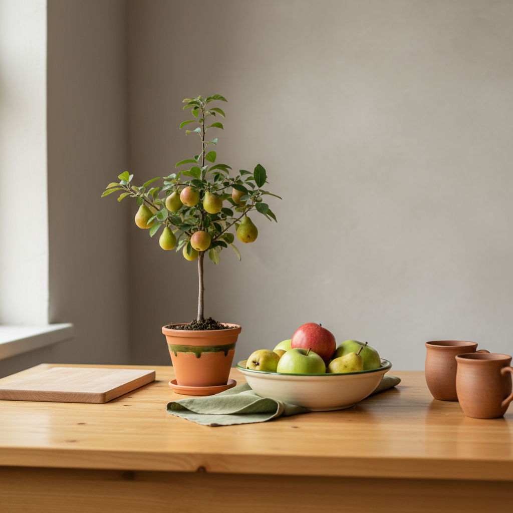 Minimalistisches Küchenarrangement mit Topf‑Säulenobst als Mittelpunkt, Holz­tisch, grünes Leinentuch (#a5cd8d) und Hintergrund #dbdbcf, warme natürliche Beleuchtung