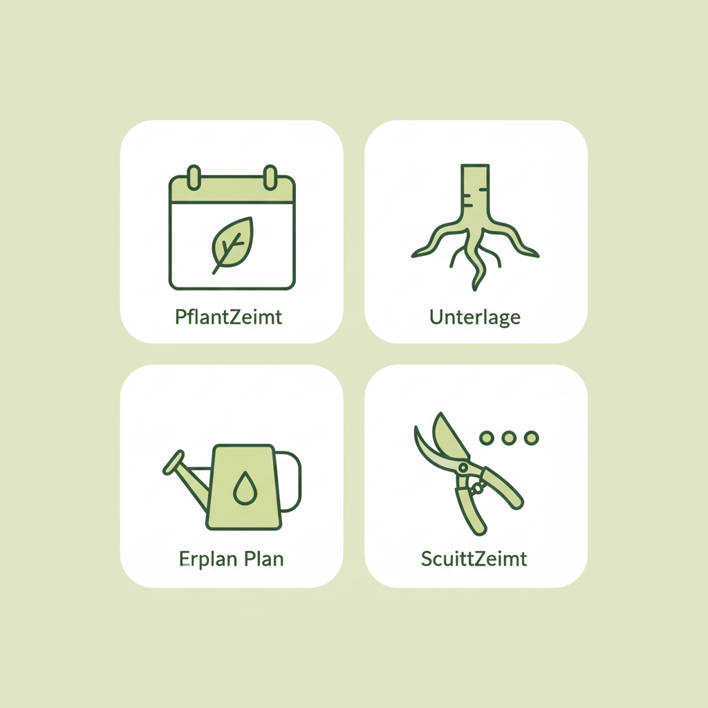 Minimalistische 2D-Vektor-Infografik zu Säulenobst mit vier Icons für Pflanzzeit, Unterlage, Gießplan und Schnittzeitpunkten, Markenfarben