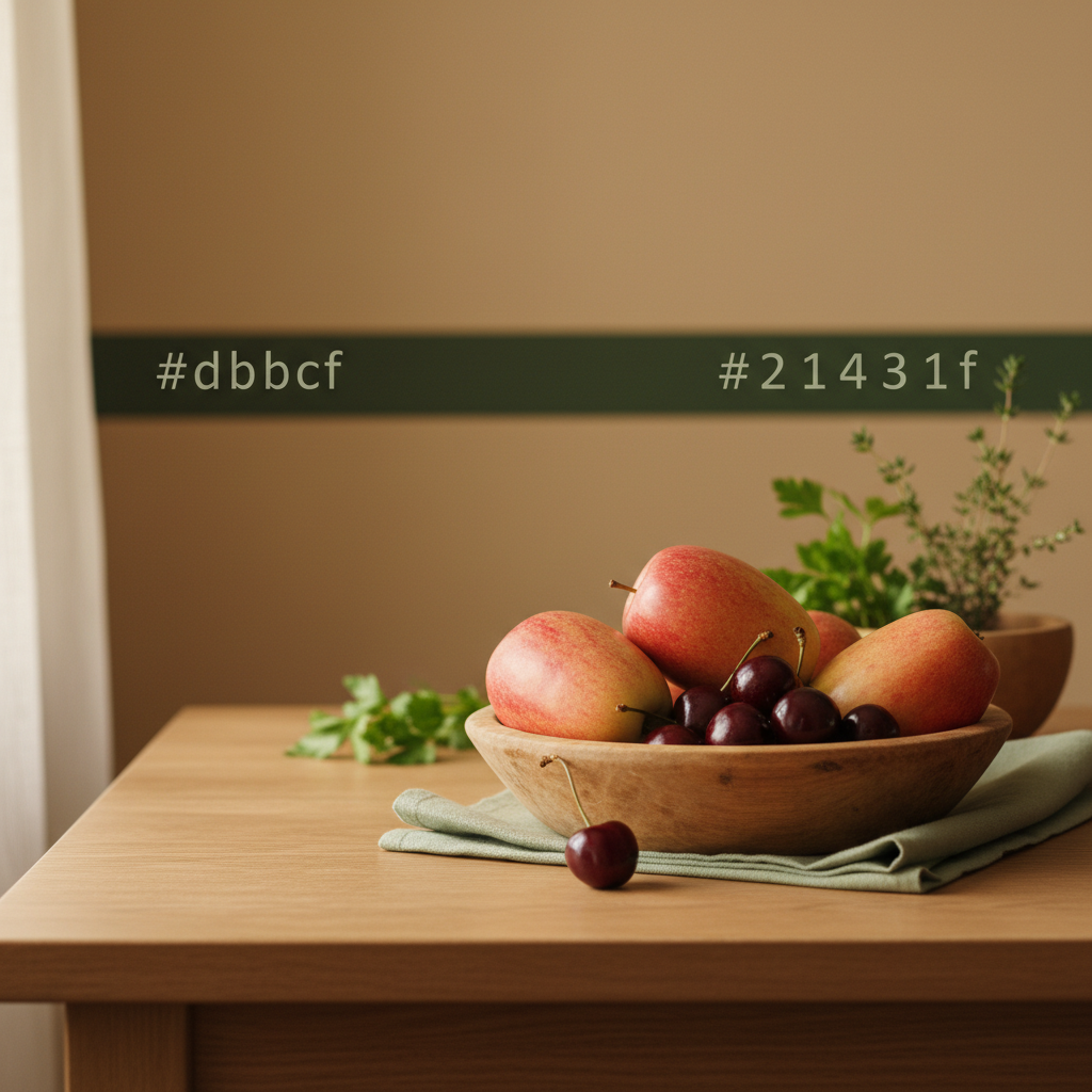 Nahaufnahme einer Holzschale mit frischem Säulenobst (Äpfel) und Kirschen auf minimalistischem Küchentisch, dezente Kräuter im Hintergrund, warmer Tageslicht-Hintergrund