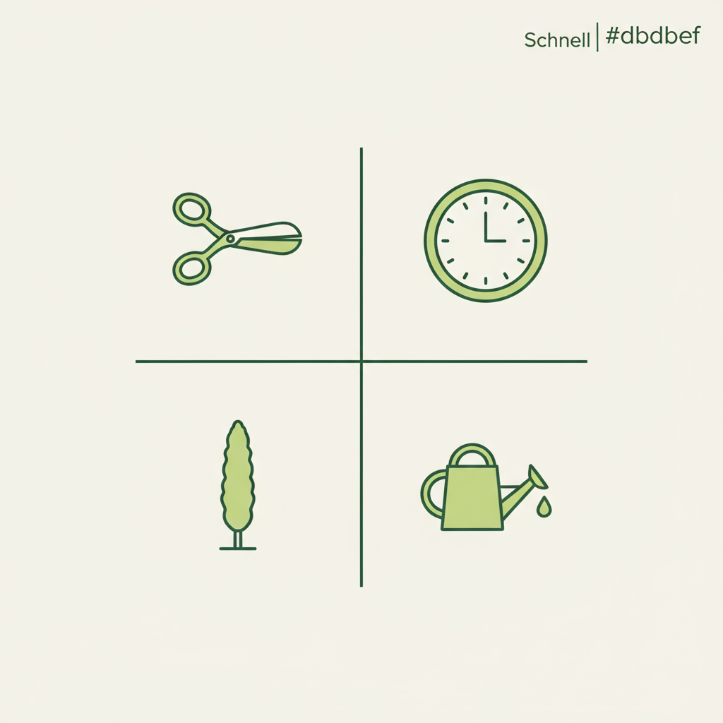 Minimalistische 2D-Vektor-Infografik zur Säulenobst pflege mit vier Icons (Schere, Uhr, Säulenbaum, Gießkanne) auf Hintergrund #dbdbcf, Akzent #a5cd8d, Kontur #21431f