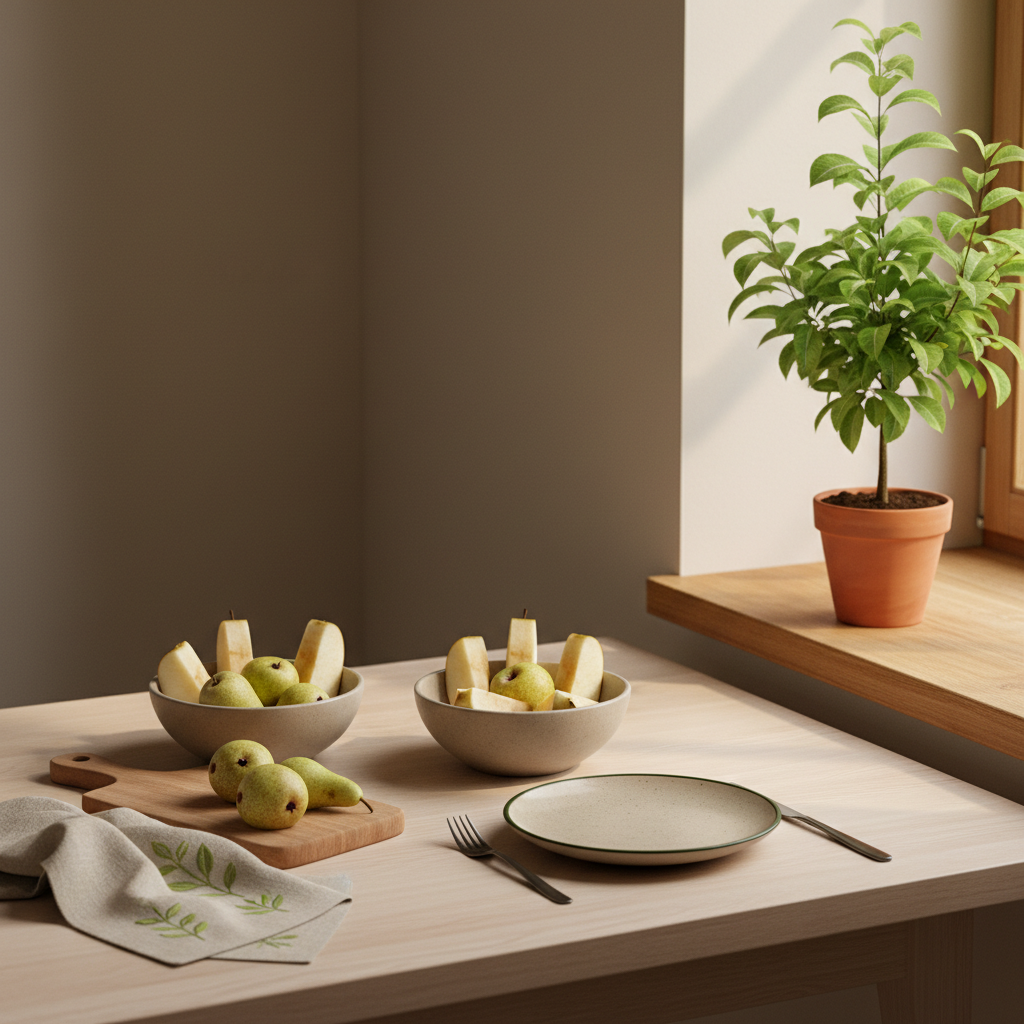 Säulenobst pflanzen: minimalistisches europäisches Küchentisch-Arrangement mit frischem Säulenobst in Schalen und kleinem Topf auf dem Fensterbrett, warme Tageslichtstimmung.