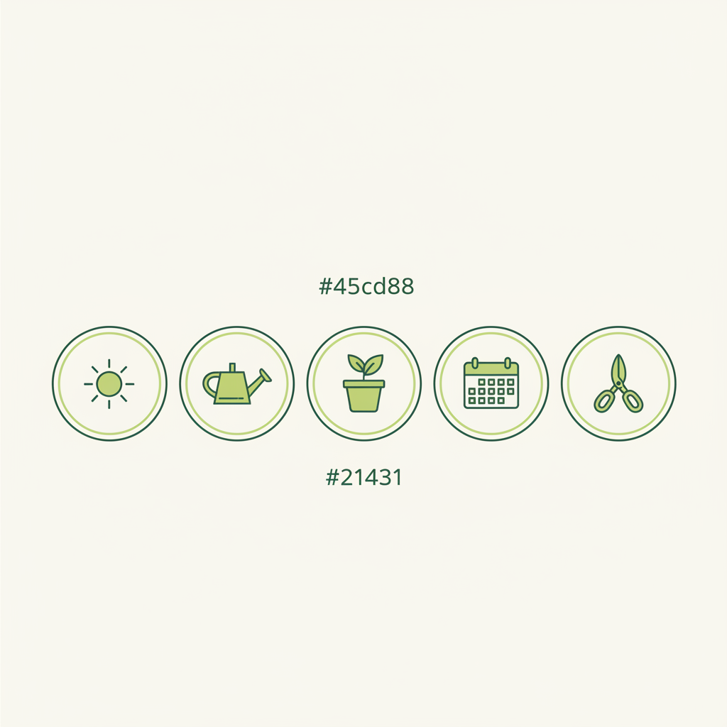 Minimalistische 2D-Vektor-Infografik zum Säulenobst pflanzen mit fünf Icons (Sonne, Gießkanne, Topf, Kalender, Gartenschere), Hintergrund #dbdbcf und Akzente #a5cd8d.