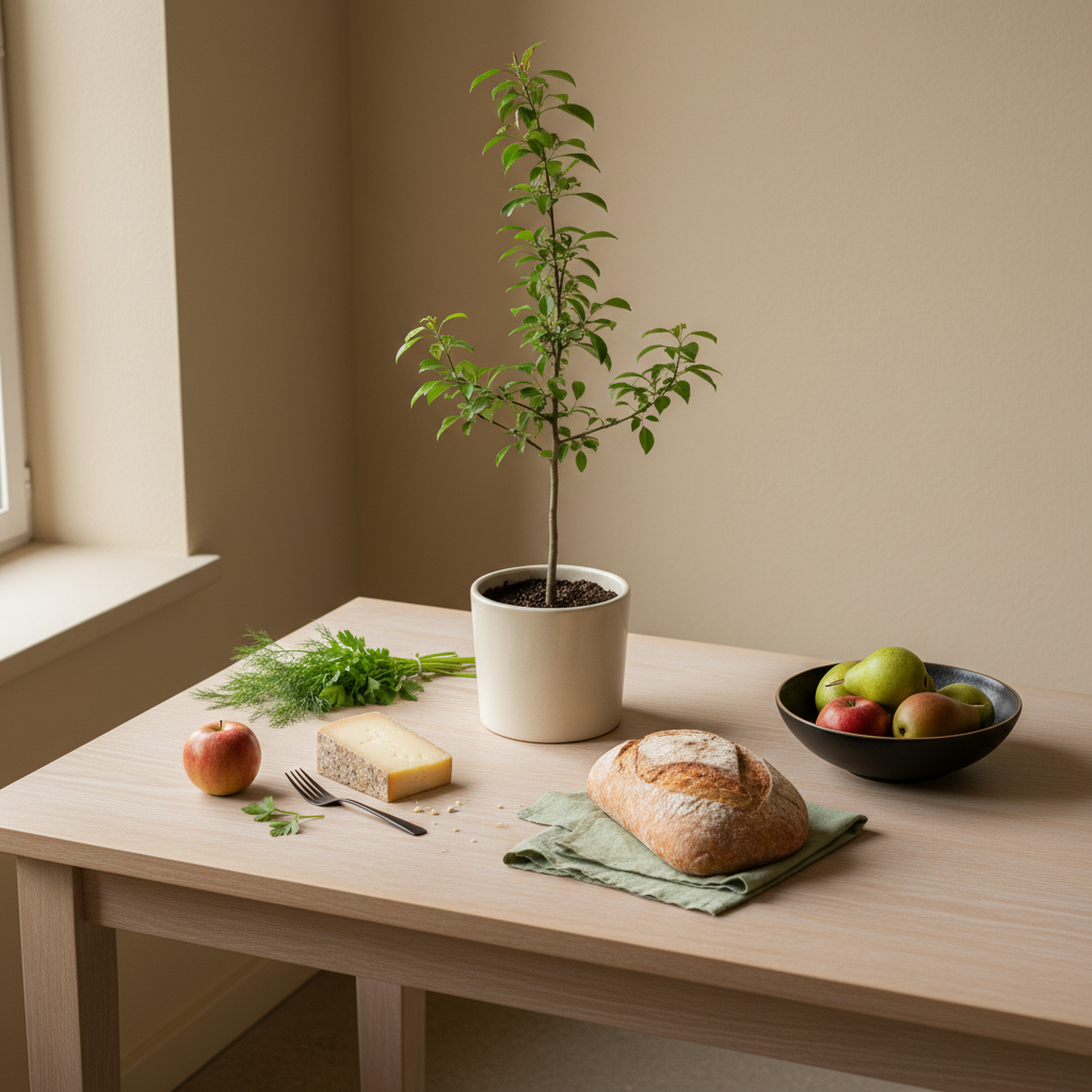 Säulenobst überwintern – minimalistisches Küchentisch-Arrangement mit kleinem Topf Säulenobst, regionalen Zutaten, warmes Fensterlicht, Hintergrund #dbdbcf