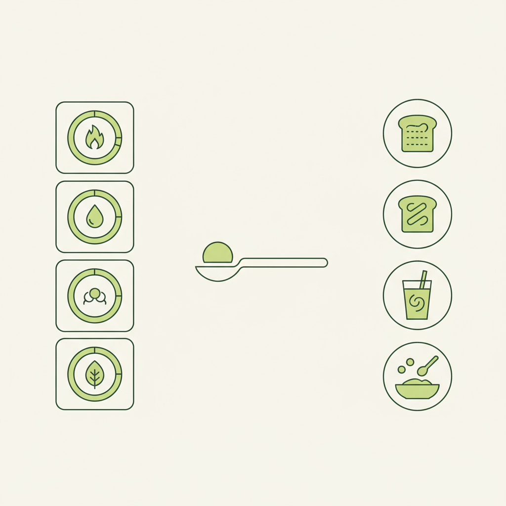Minimalistische 2D-Vektorinfografik zu Mandelmus mit Icons für Kalorien, Fett, Protein, Ballaststoffe, Portionsgrafik und Anwendungsideen in Markenfarben