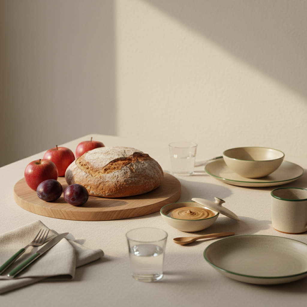 Minimalistisches Frühstück mit Schälchen Mandelmus, rustikalem Brot und Obst auf hellem Hintergrund (#dbdbcf) mit grünen Akzenten (#a5cd8d)