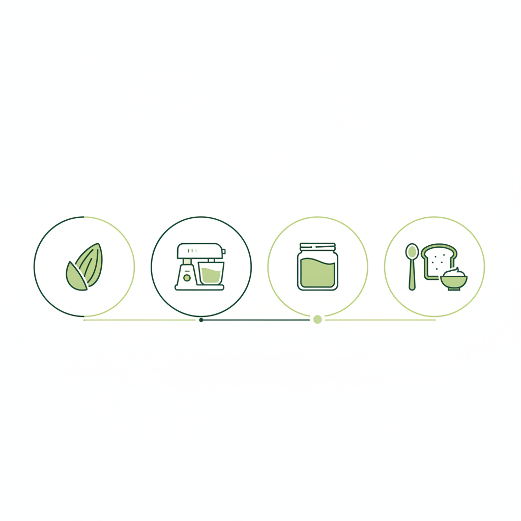 Minimalistische 2D-Vektor-Infografik zur Herstellung von Mandelmus mit Icons für Mandeln, Mixer, Glas und Serviervorschläge in Schnell Lecker Farben.