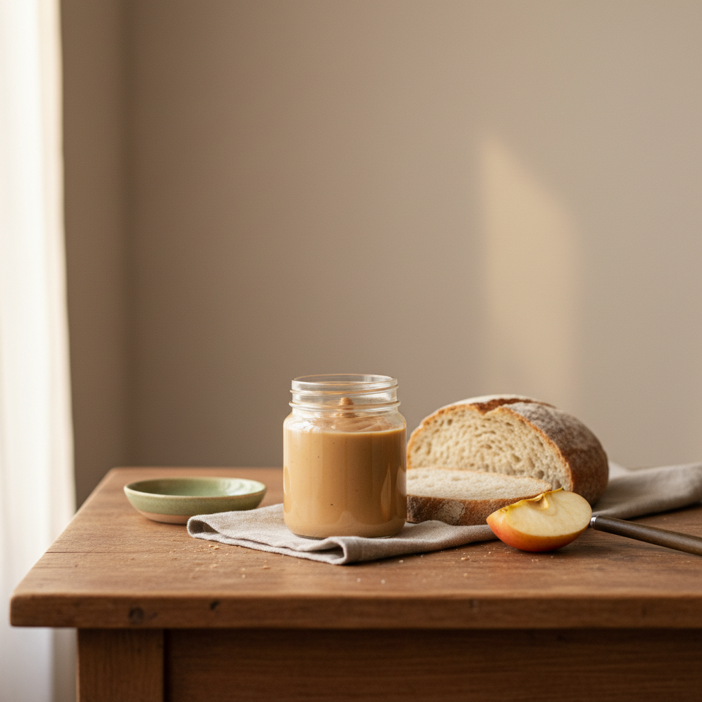 Glas mit Mandelmus auf rustikalem Holztisch, Brotscheiben und aufgeschnittener Apfel, warme diffuse Beleuchtung, Hintergrund #dbdbcf, Akzente #a5cd8d und #21431f