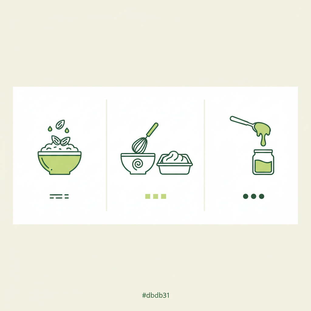 Minimalistische 2D-Vektor-Infografik mit drei Icons (Frühstück, Backen, Sauce) zur Mandelmus Verwendung auf hellem Schnell-Lecker-Hintergrund