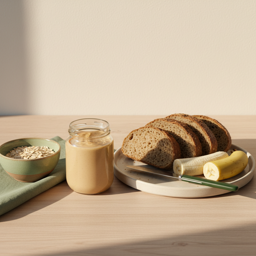 Nahaufnahme: Mandelmus Verwendung auf einem minimalistischen Frühstückstisch mit Vollkornbrot, Banane und Hafer, warmes Licht, Hintergrund #dbdbcf, dezente Akzente #a5cd8d.