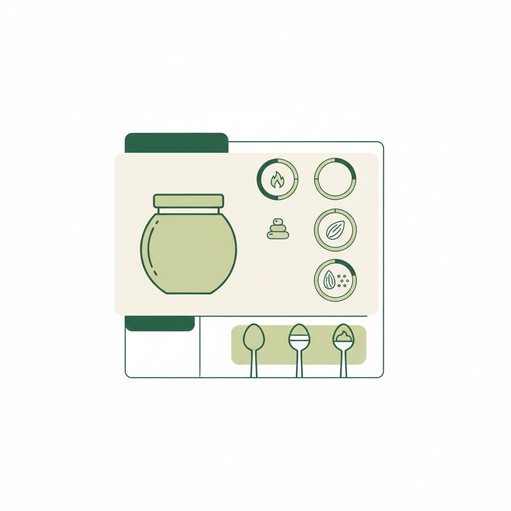Infografik zu Mandelmus täglich essen: 15‑g-Portion zeigt Kalorien, Proteingehalt, Vitamin E, Magnesium und Portionier-Tipps als minimalistische Vektor-Icons in Markenfarben.