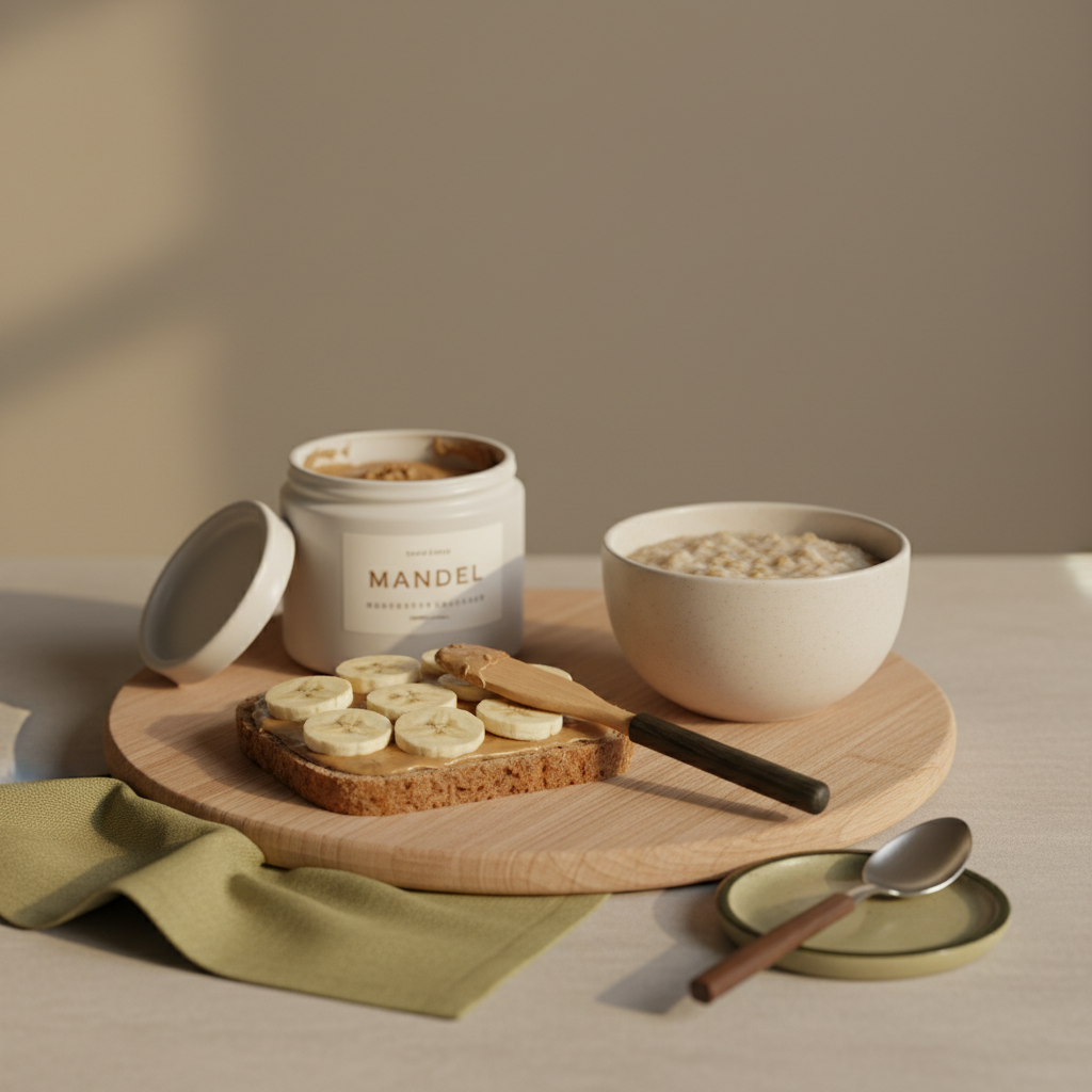 Nahaufnahme Frühstück mit Mandelmus, Brot mit Aufstrich, Bananenscheiben und Hafer in Keramikschale, warme natürliche Beleuchtung – Mandelmus täglich essen