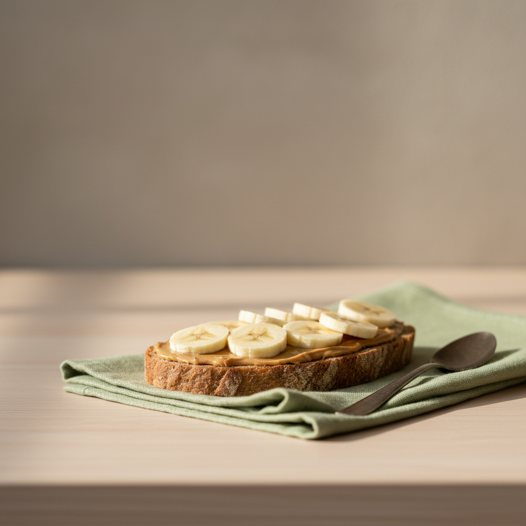 Nahaufnahme eines aufgeschnittenen Toasts mit Mandelmus und Bananenscheiben in einer warmen, minimalistischen europäischen Küche — Wie isst man Mandelmus richtig