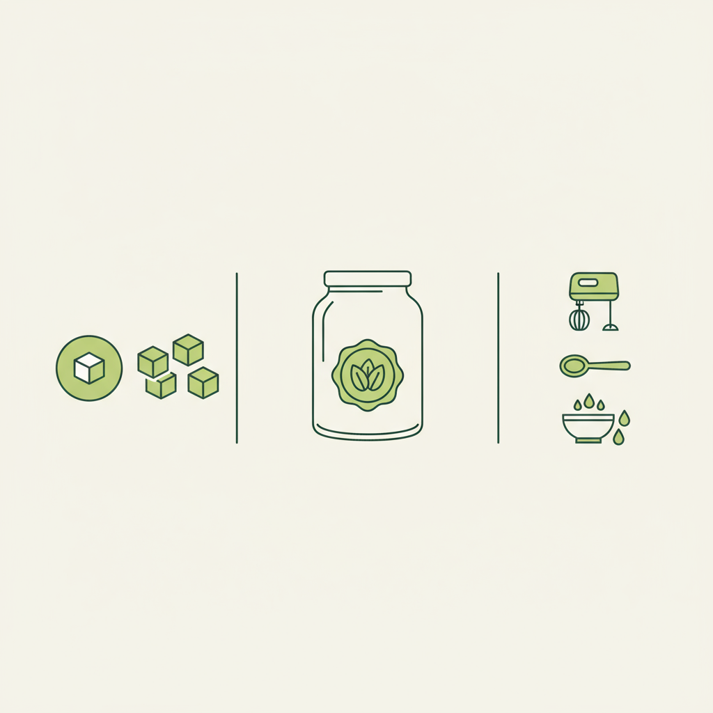 Minimalistische Vektor-Infografik zu Mandelmus Zuckergehalt: Glas mit Mandel-Siegel, zwei Zucker-Level-Icons (niedrig/hoch) und drei DIY-Icons für selbstgemachtes Mandelmus.