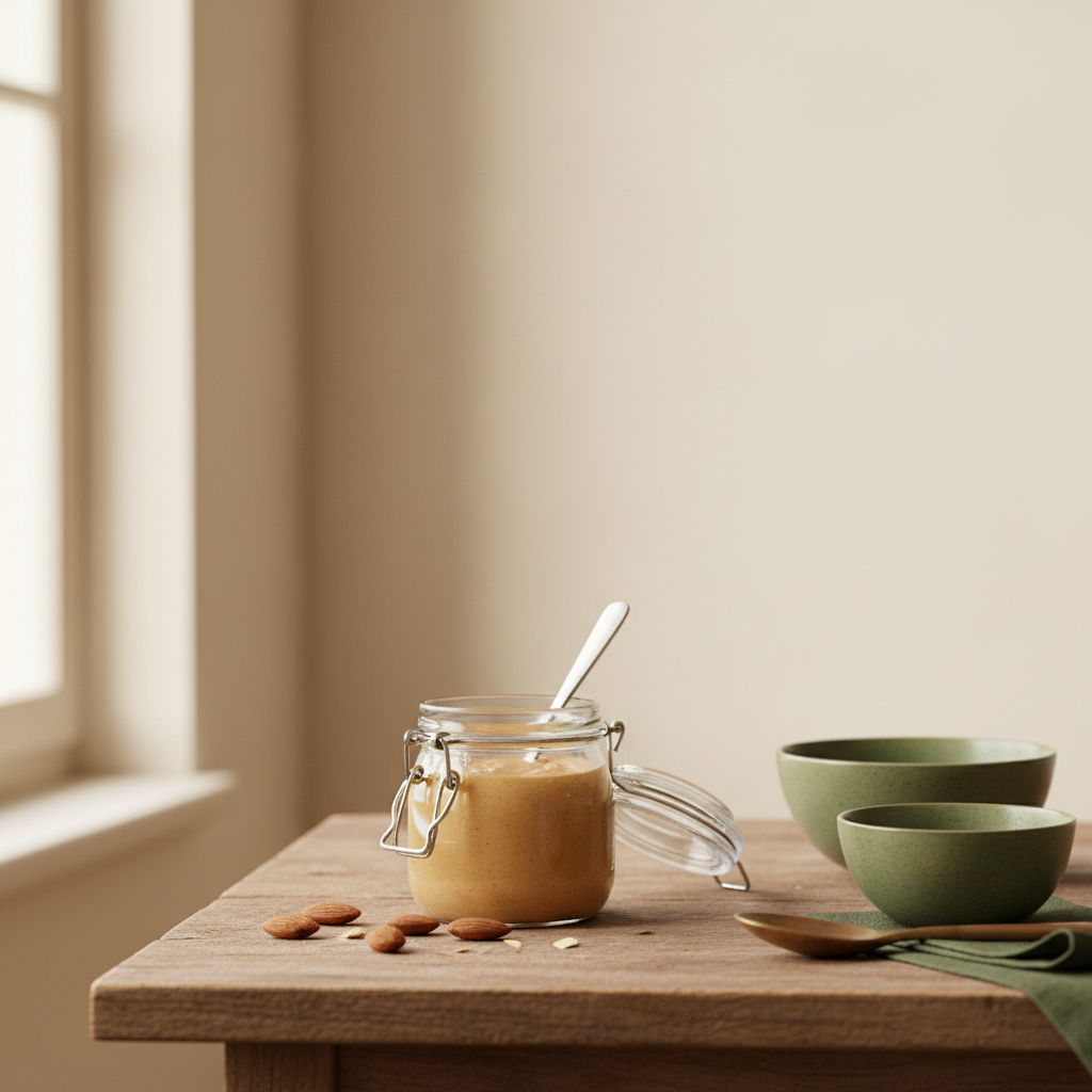 Mandelmus Zuckergehalt: Nahaufnahme eines offenen Glases hausgemachtes Mandelmus auf rustikalem Tisch mit Löffel und verstreuten Mandeln, warme natürliche Beleuchtung