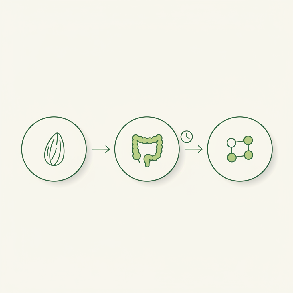 Minimalistische 2D-Vektor-Infografik: Mandelmus (Mandeln) → Darm → SCFA/Butyrat mit Uhr als Zeit-Symbol, in Schnell Lecker Farben (#dbdbcf, #a5cd8d, #21431f).