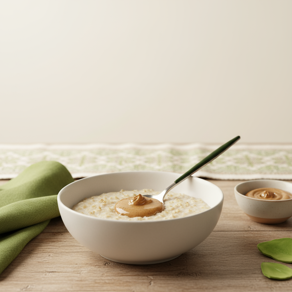 Close-up Frühstück mit Haferbrei und Mandelmus auf rustikalem Holztisch, dezente ungarisch-rumänische Textilakzente, Hintergrund #dbdbcf, Akzente #a5cd8d