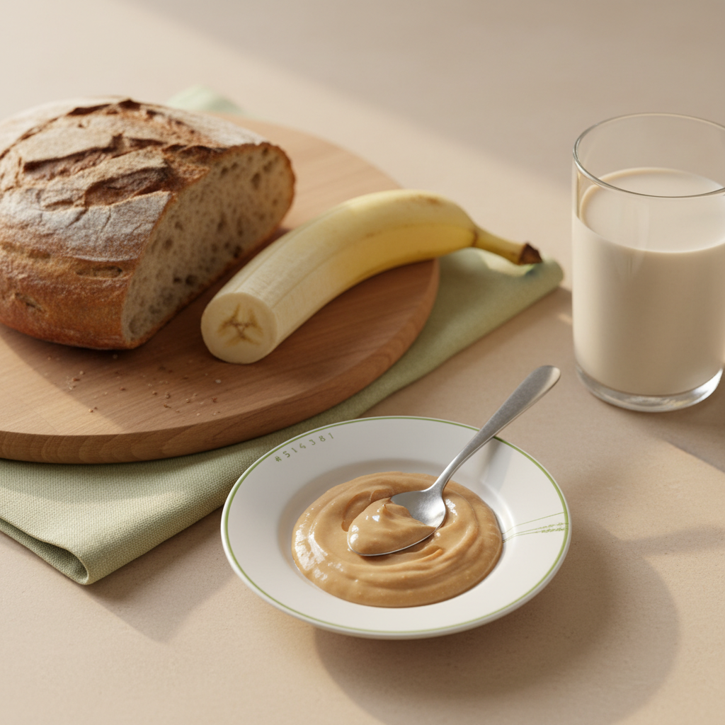 Close-up eines minimalistischen Frühstücks mit Löffel Mandelmus auf Teller, Brot, Banane und Glas Pflanzendrink vor warmem Hintergrund #dbdbcf – Wie viel Mandelmus darf man essen?