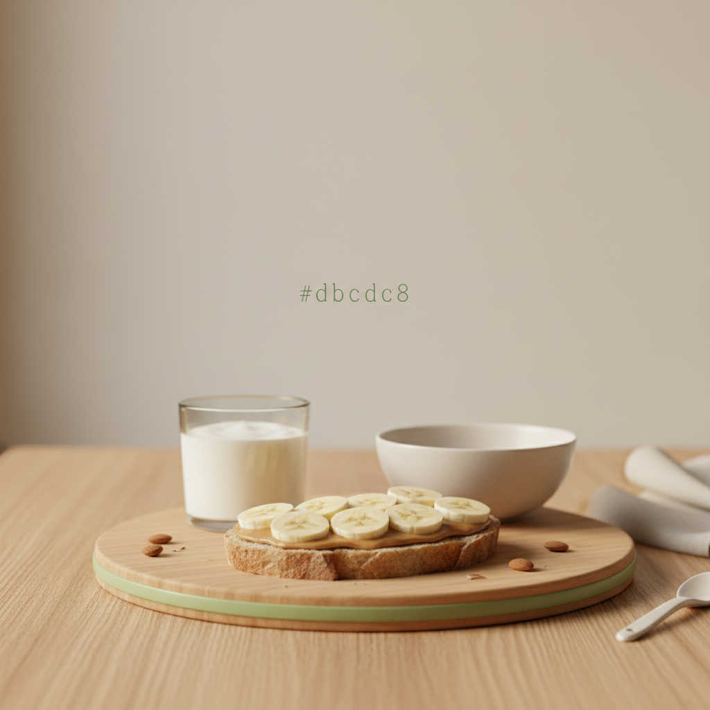 Nahaufnahme einer Scheibe mit Mandelmus auf Brot und Bananenscheiben, daneben Glas Joghurt, minimalistisches Frühstück in warmen Brand-Farben #dbdbcf/#a5cd8d/#21431f