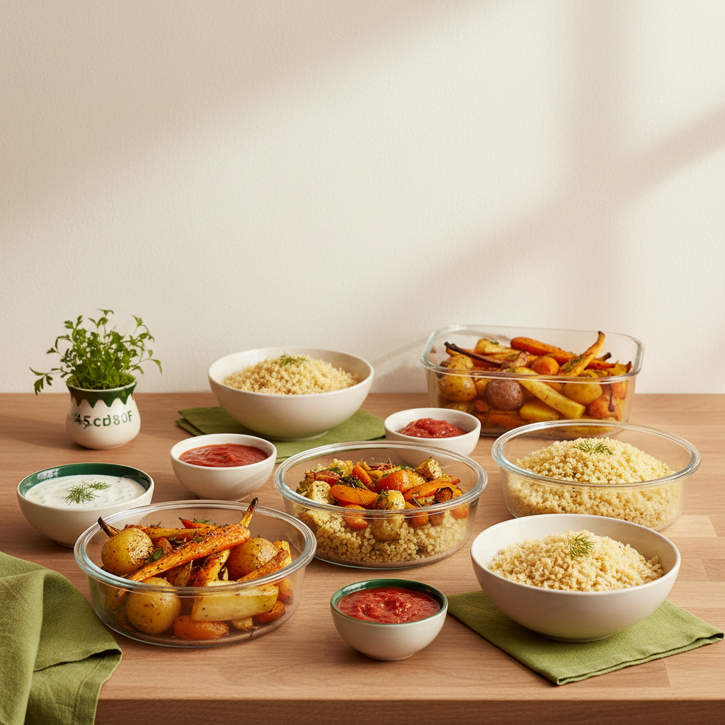 Minimalistische Mealprep-Aufnahme mit Schalen und Glasbehältern zum für 4 Tage vorkochen: geröstetes Gemüse, Körner und Saucen in einer heimeligen europäischen Küche.