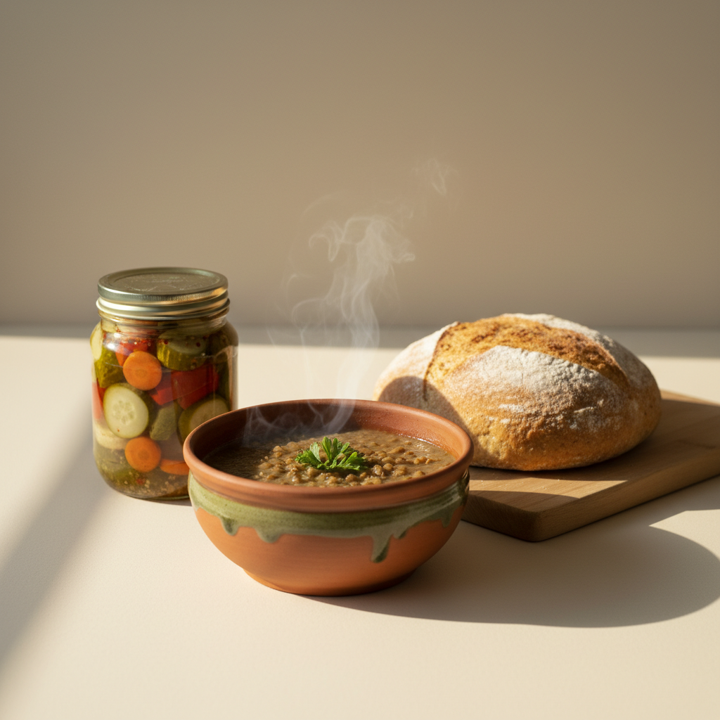 Meal Prep: Dampfender europäischer Linseneintopf mit eingelegtem Gemüse und rustikalem Brot auf hellem Hintergrund (#dbdbcf), minimalistisches Küchen-Setup.