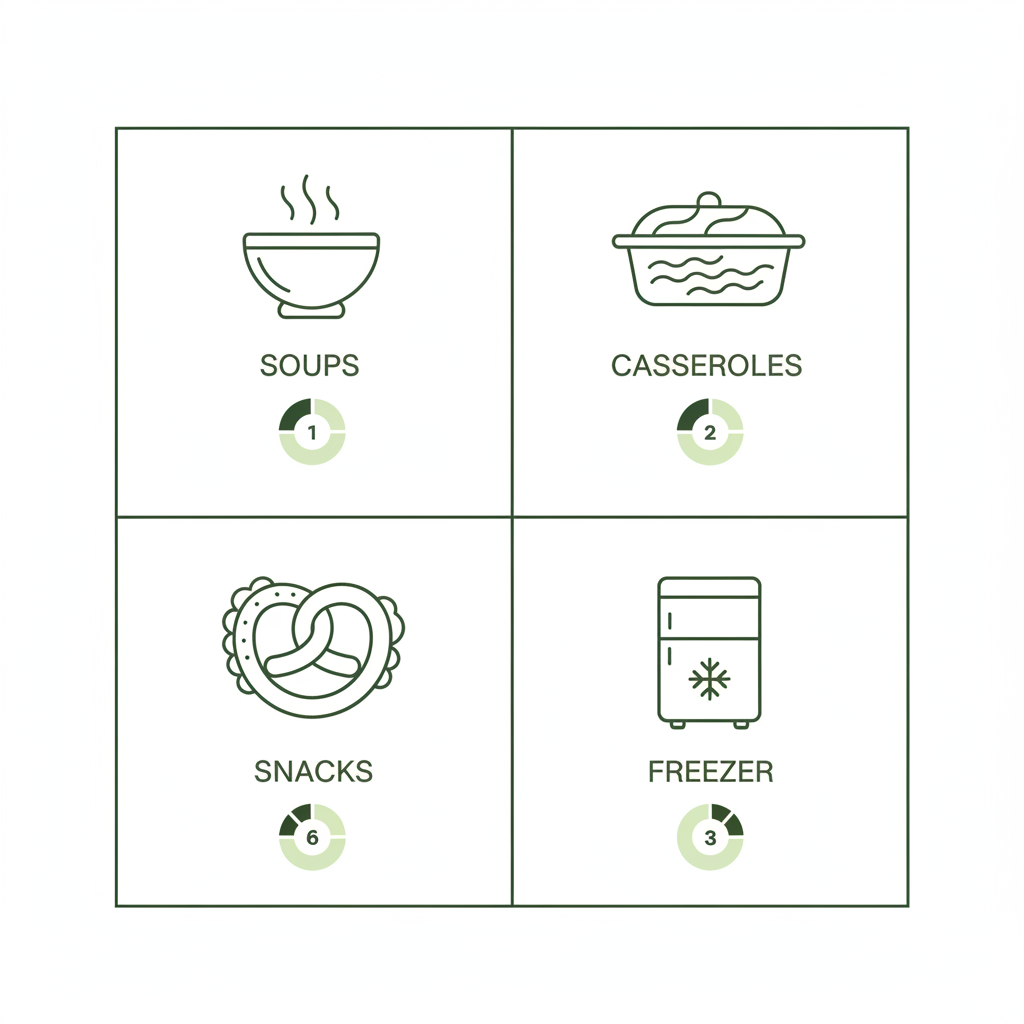 Minimalistische 2D-Vektor-Infografik mit Icons für Suppen, Aufläufe, Snacks und Gefriertruhe und visuellen Haltbarkeits-Indikatoren — Wochenbett vorkochen