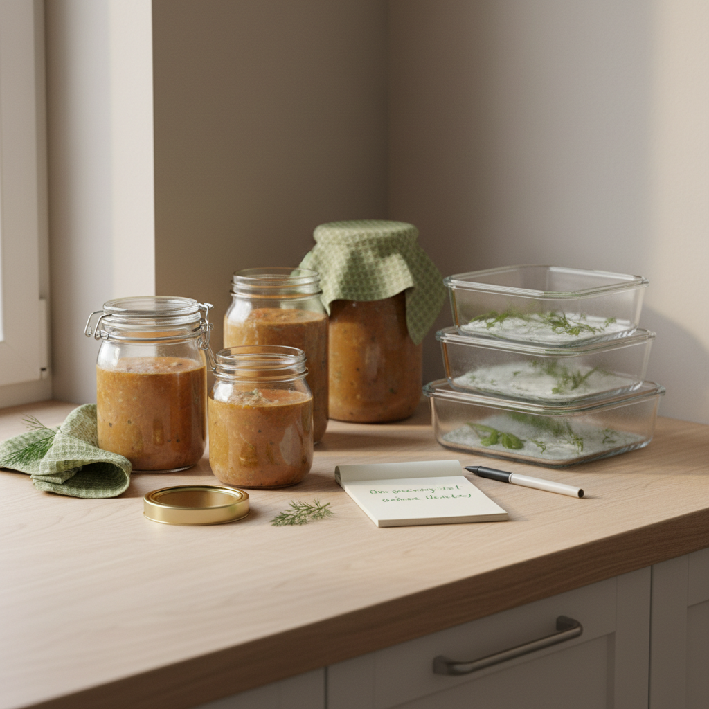 Heimische Küchenansicht mit vorbereiteten Gläsern und eingefrorenen Portionen in Glasbehältern, kleiner Notizblock mit Einkaufsliste – Wochenbett vorkochen