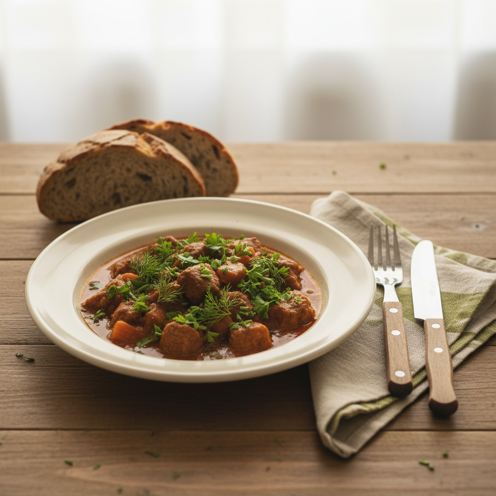 Nahaufnahme eines gemütlichen, europäischen Fertiggerichts mit Brot und frischen Kräutern auf Keramikteller in minimalistischer Küche — Wie viel kostet Prep My Meal im Monat