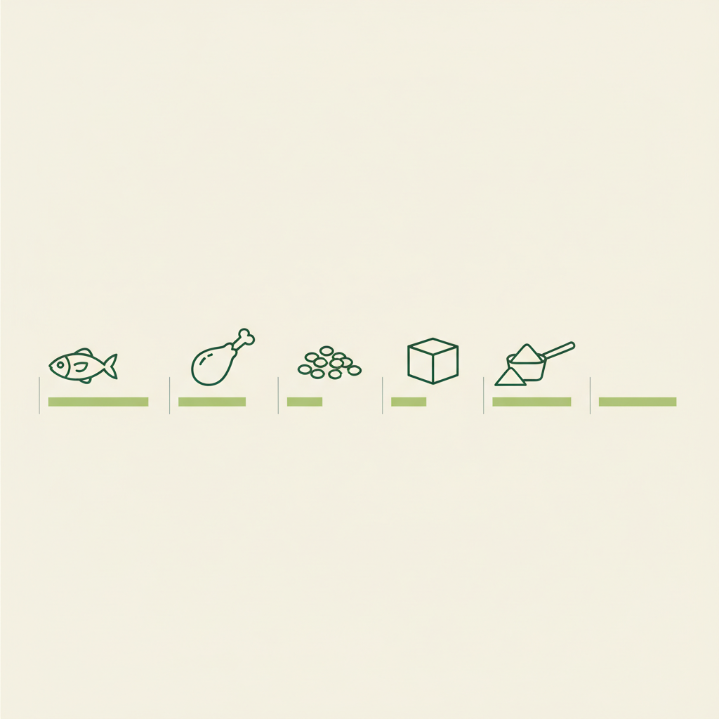 Minimalistische 2D-Vektor-Infografik: Welche Lebensmittel haben die meisten Proteine? fünf Icons (Fisch, Hähnchen, Linsen, Tofu, Proteinpulver) mit proportionalen Balken, Markenfarben