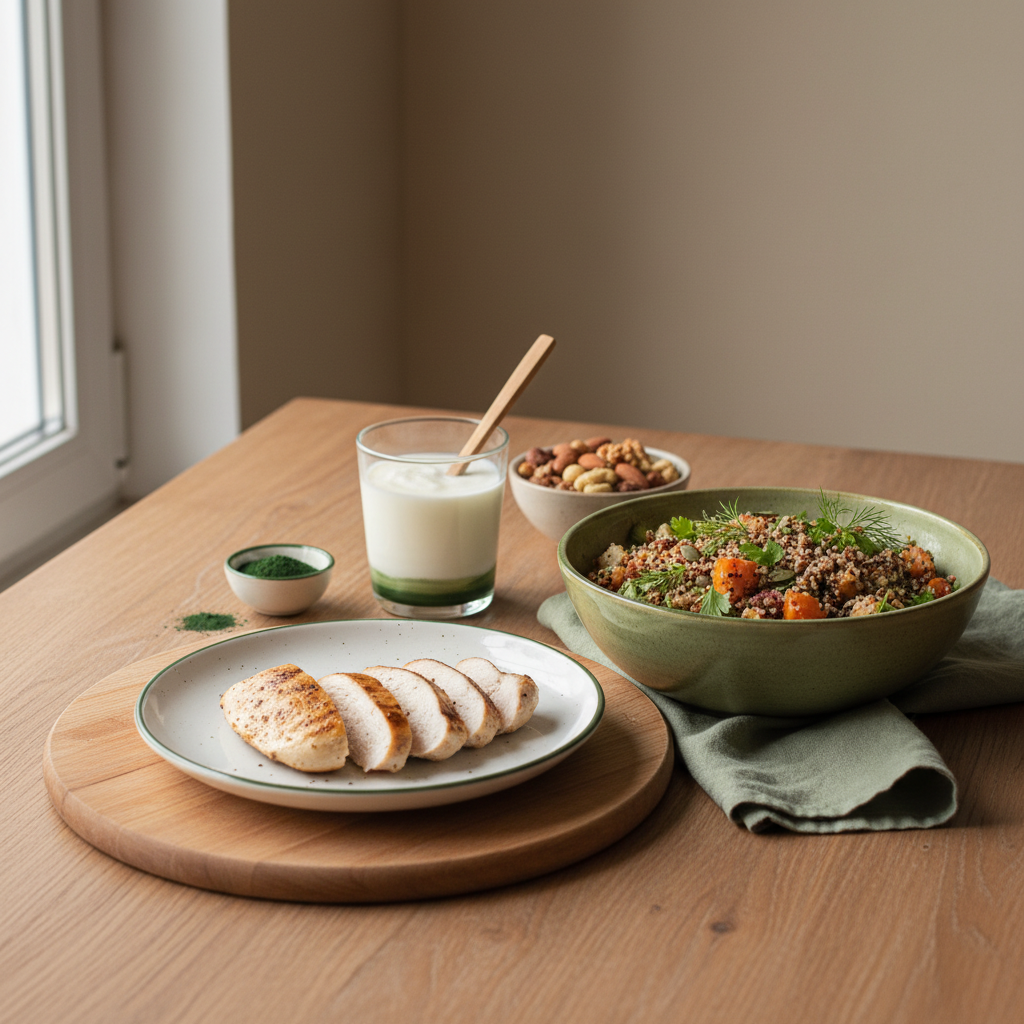 Vollbildige, minimalistische europäische Mahlzeit auf Holztisch mit gegrilltem Hähnchen, Quinoa-Bowl, Joghurt, Nüssen und Spirulina. Welche Lebensmittel haben die meisten Proteine?