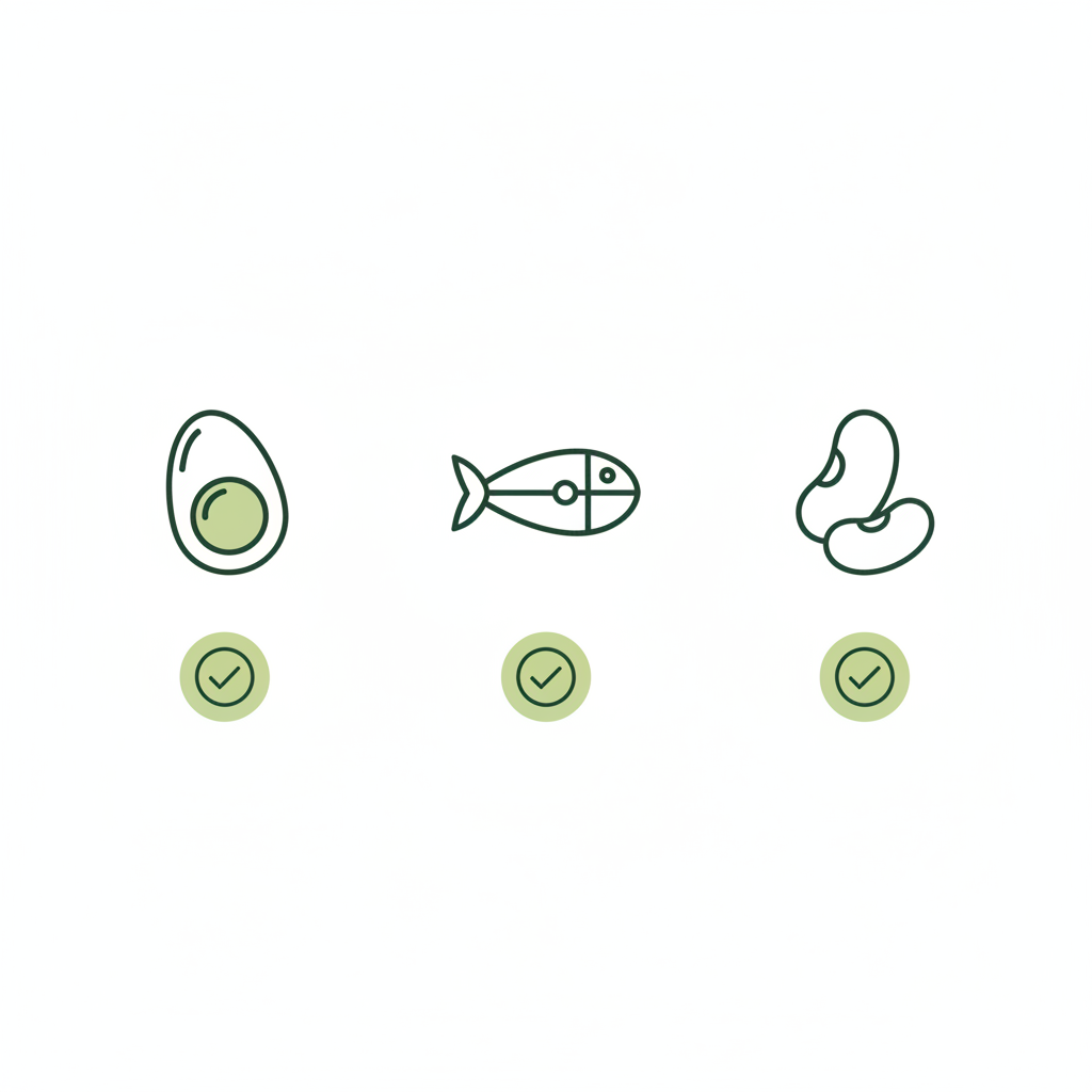 Minimalistische 2D-Vektorinfografik mit drei Icons (Ei, Fisch, Bohnen) zur Eignung als Proteine abends, in Markenfarben #dbdbcf, #a5cd8d und #21431f.