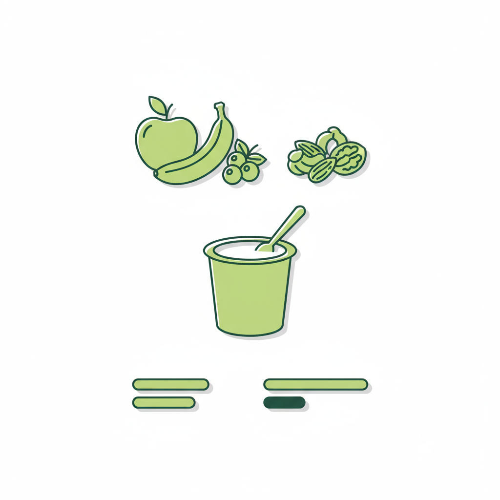 Minimalistische 2D-Vektor-Infografik zu proteinreiches Obst mit Icons für Obst, Nüsse und Joghurt sowie visuellen Protein-Skalen in Schnell Lecker Farben.