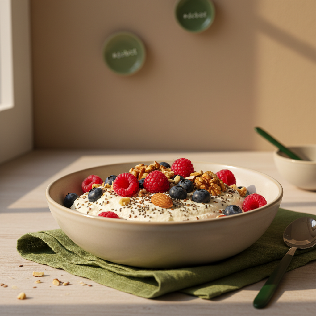 Nahaufnahme einer Quark-Bowl mit Beeren und Nüssen als proteinreiches Obst Frühstück, heimelige minimalistische europäische Küchenszenerie in Markenfarben