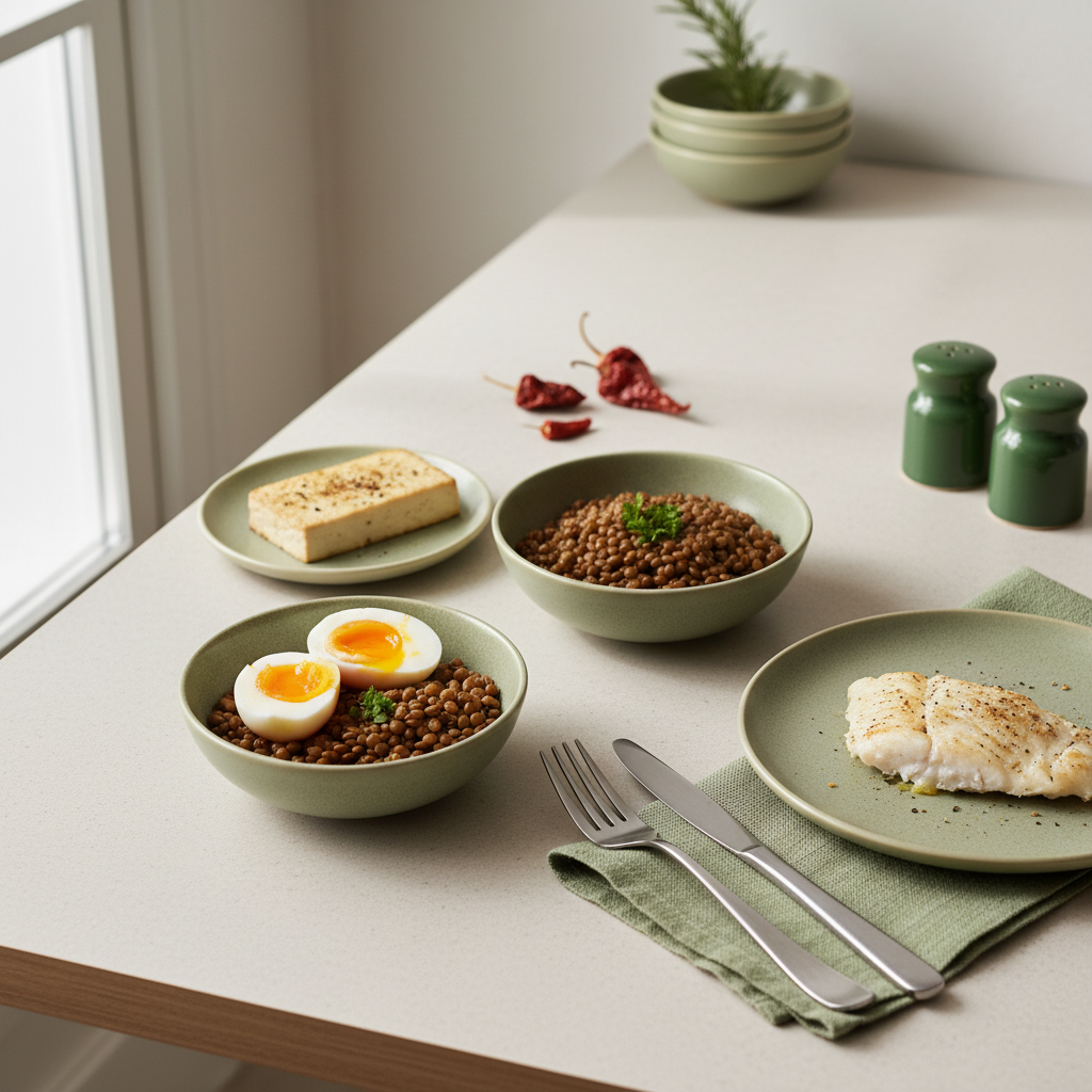 Welche Proteinquelle ist die beste? Minimalistisches Küchensetup mit Eiern, Linsen, Tofu und gegrilltem Fisch vor #dbdbcf Hintergrund, Akzent #a5cd8d