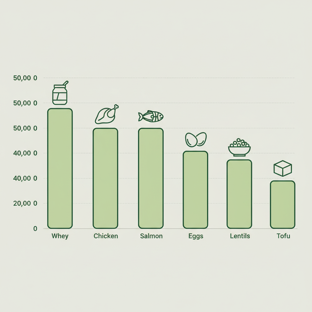 Minimalistische 2D-Vektor-Infografik Balkendiagramm mit Icons für Whey, Huhn, Lachs, Linsen, Tofu und Eier – Welche Proteinquelle ist die beste? auf Hintergrund #dbdbcf