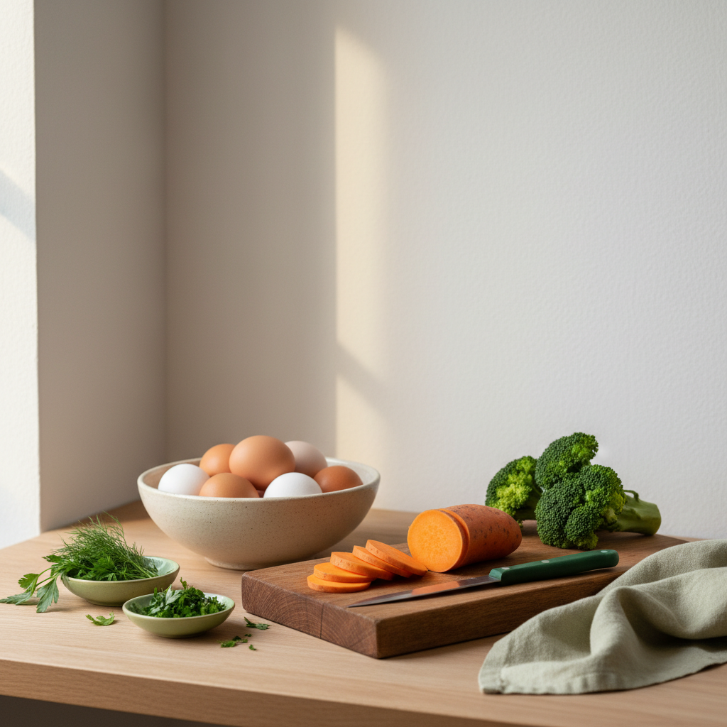 Eier für 100 Gramm Protein: heimische Küchenarbeitsfläche mit Eiern, Brokkoli, Süßkartoffel und Kräutern im minimalistischen Schnell-Lecker-Farbschema