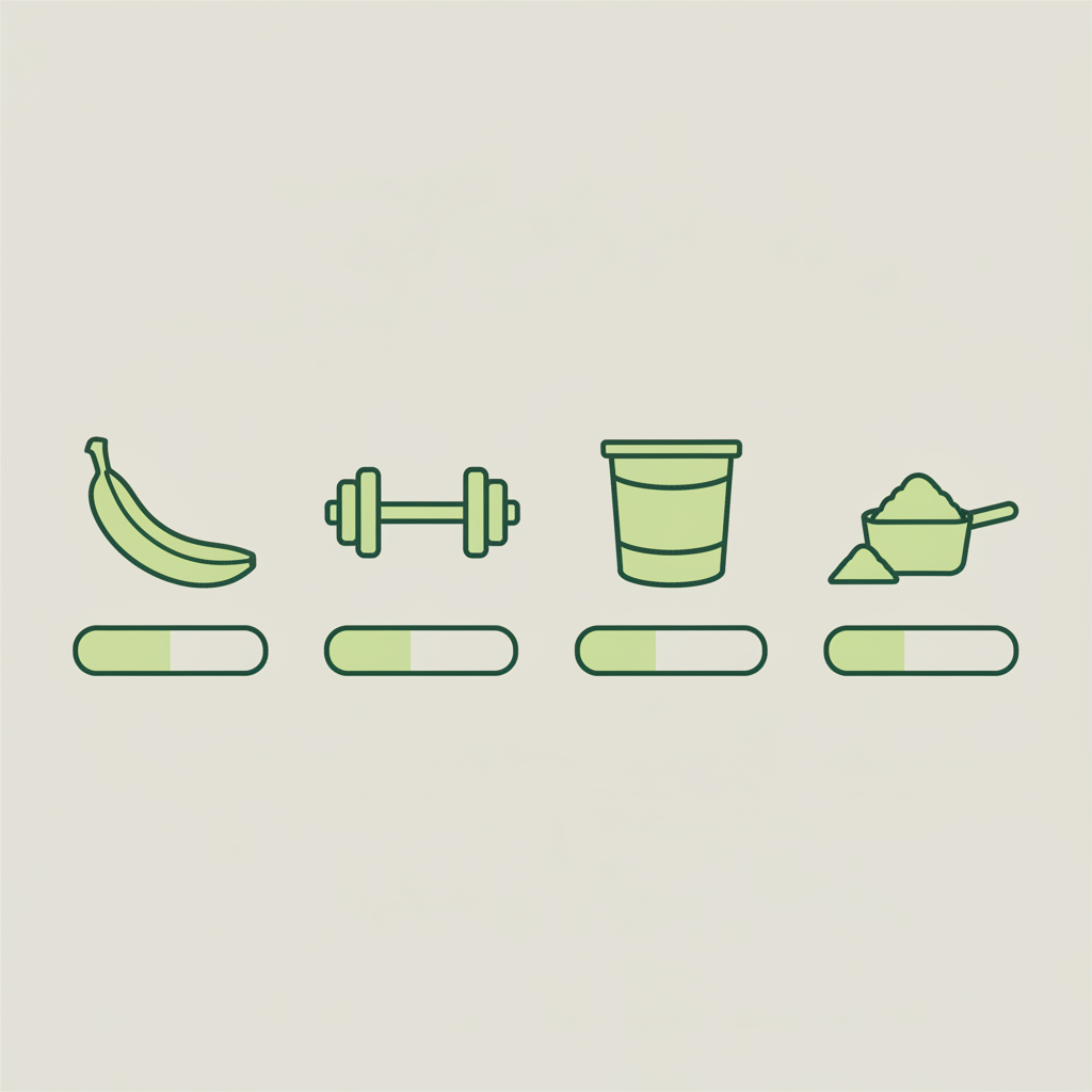 Minimalistische 2D-Vektor-Infografik mit Banane, Hantel, Joghurt und Pulver-Icons zur visuellen Darstellung von Protein Banane im Schnell Lecker Farbschema