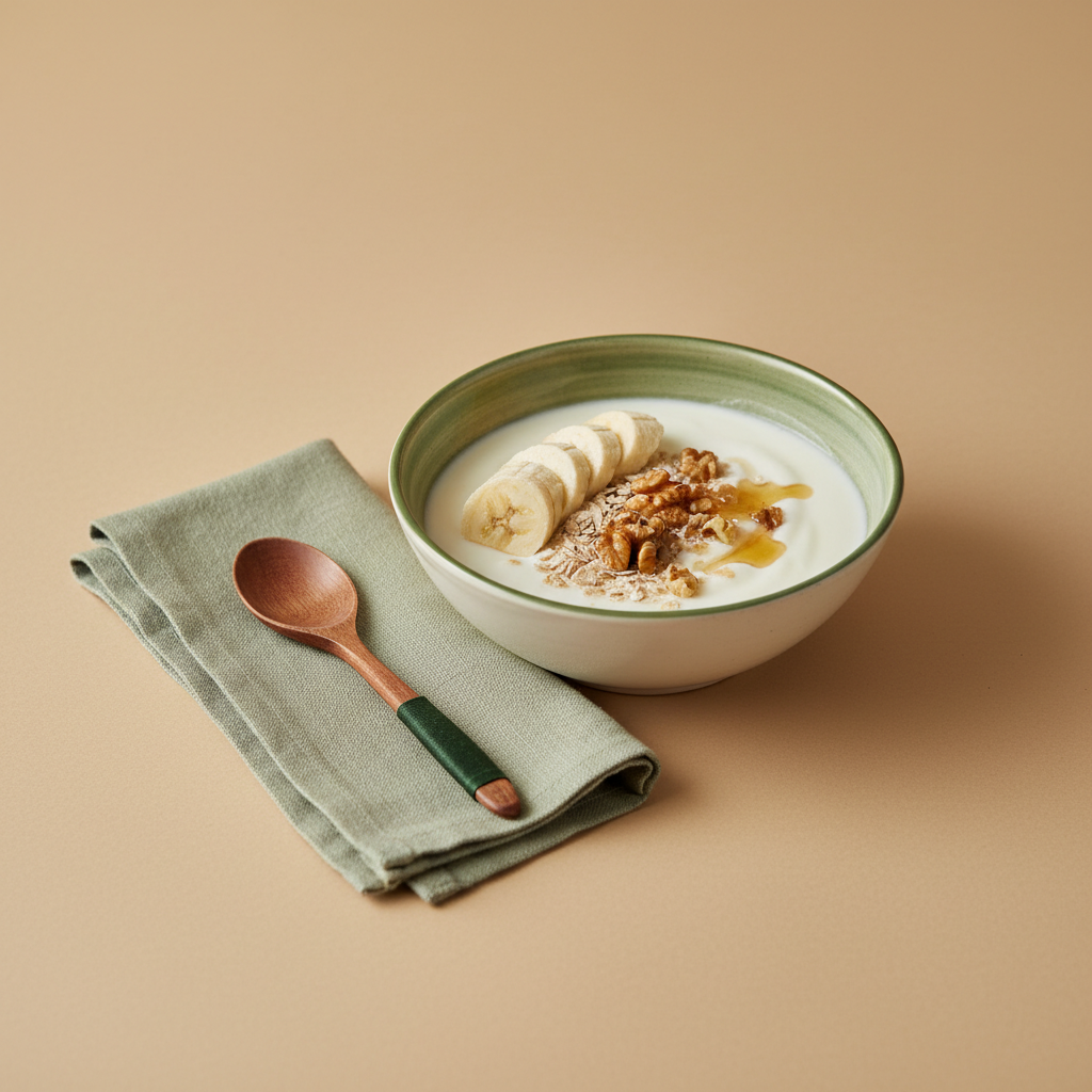 Protein Banane Schale mit Banane, Joghurt, Hafer und Nüssen auf rustikalem Holztisch, minimalistisch vor #dbdbcf Hintergrund mit #a5cd8d Akzenten