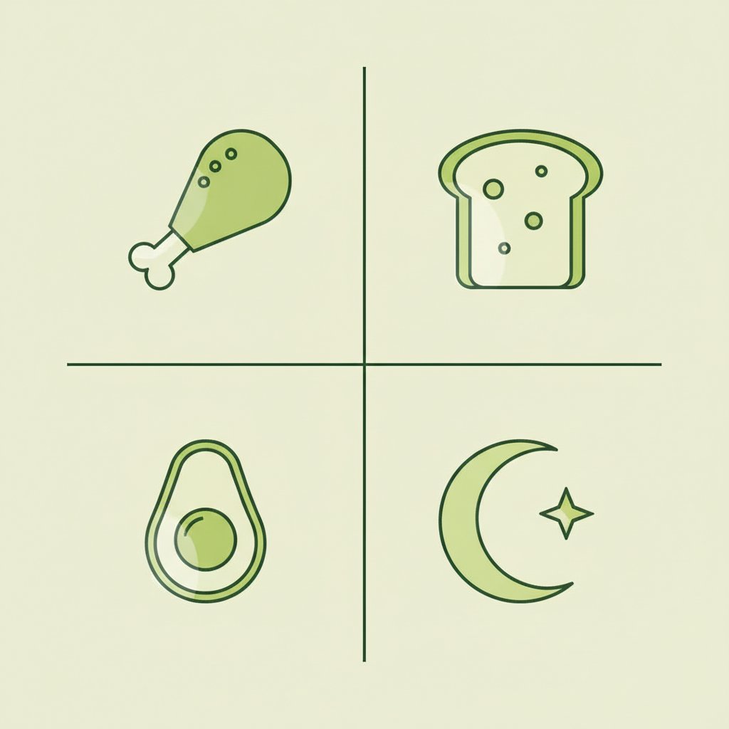 Minimalistische 2D-Vektor-Infografik mit Icons für Protein, Kohlenhydrate, Fett und Schlaf in Markenfarben – klares Layout für gesundes Abendessen.