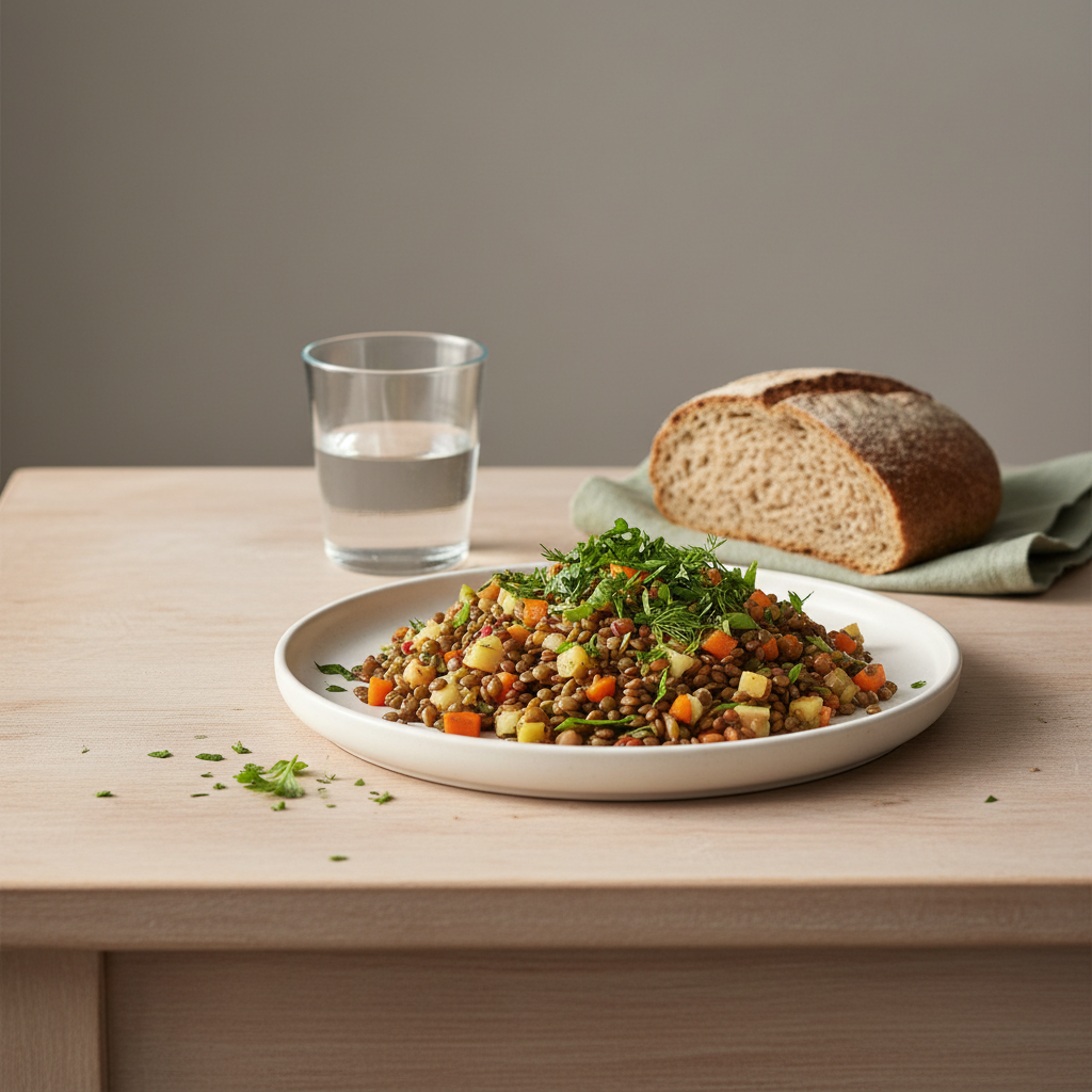 Warm angerichtetes, minimalistisches Küchenstillleben mit Linsensalat, Vollkornbrot und Wasserglas auf hellbeigem Hintergrund – gesundes Abendessen