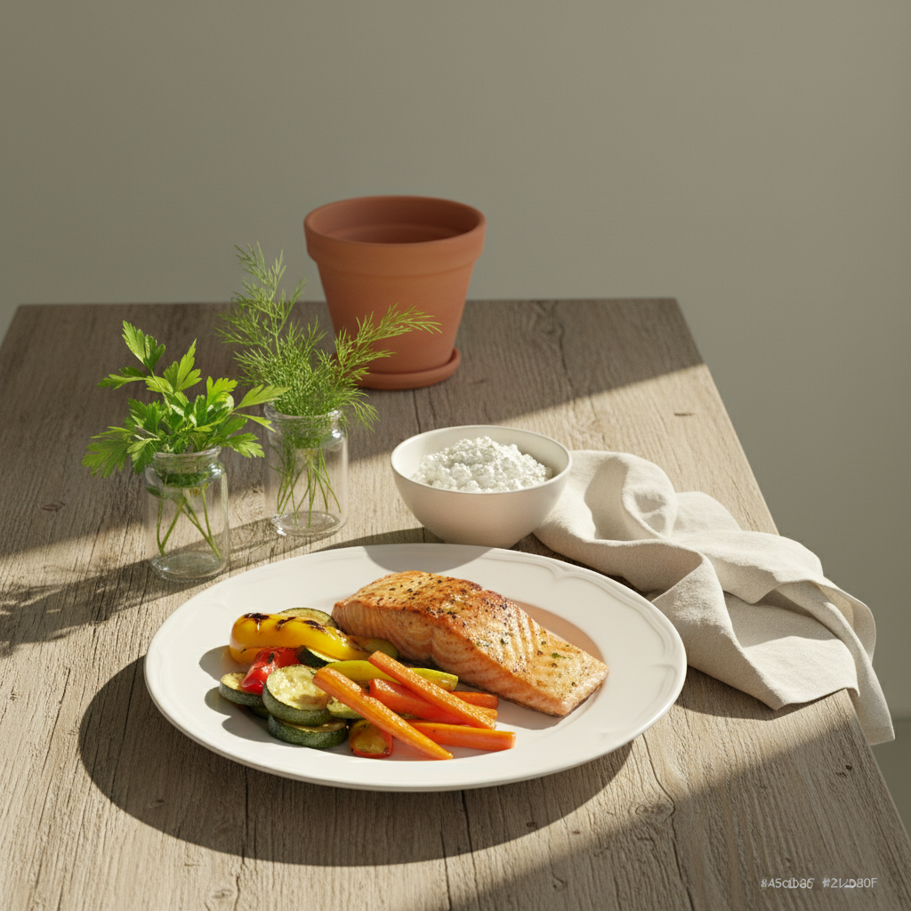 Was kann ich abends gut essen: Vollformatfoto eines minimalistischen Abendessens mit gegrilltem Lachs, geröstetem Gemüse und Hüttenkäse vor dezentem #dbdbcf-Hintergrund