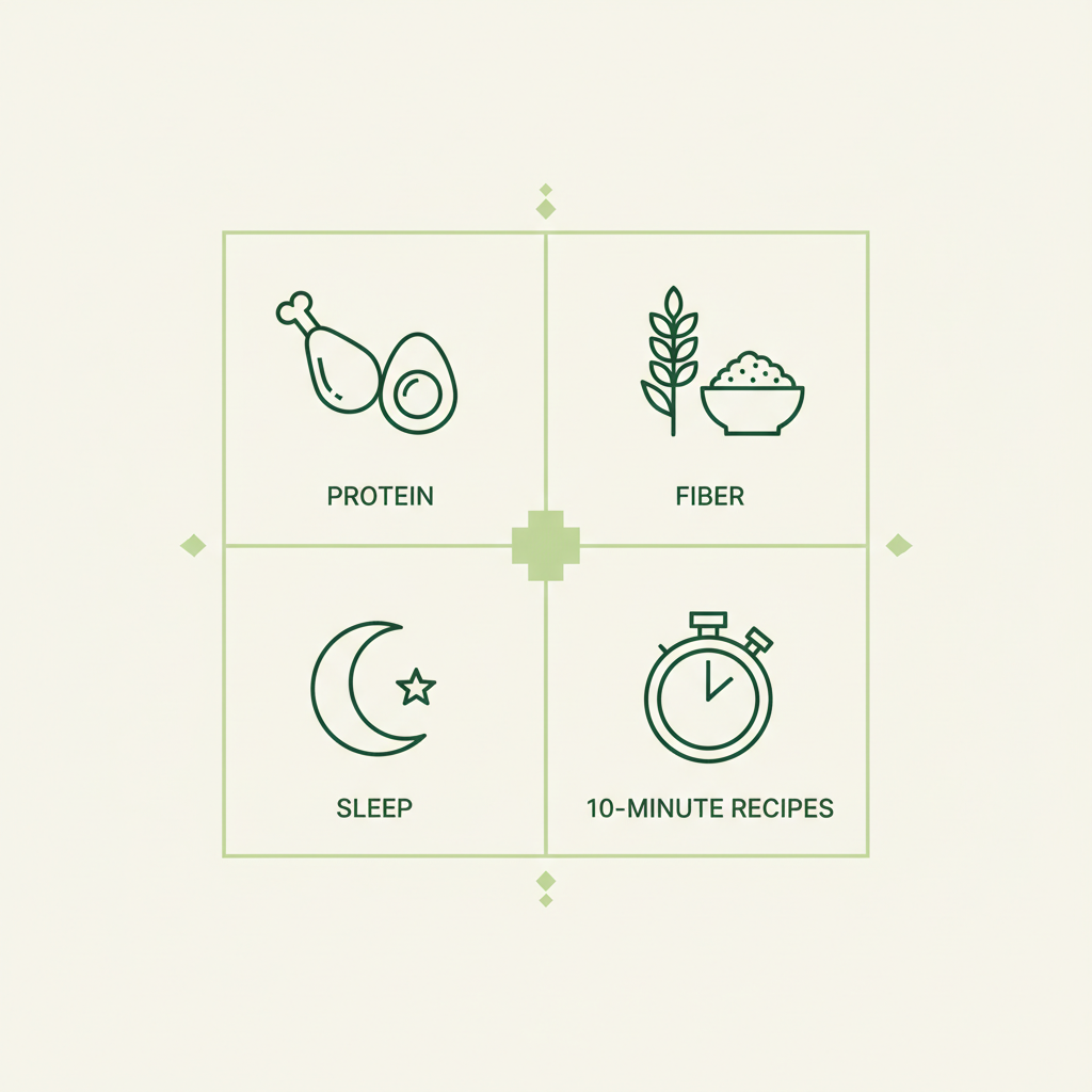 Minimalistische 2D-Infografik in Schnell-Lecker-Farben mit vier Icons für Protein, Ballaststoffe, Schlaf und schnelle Rezepte – was kann ich abends gut essen