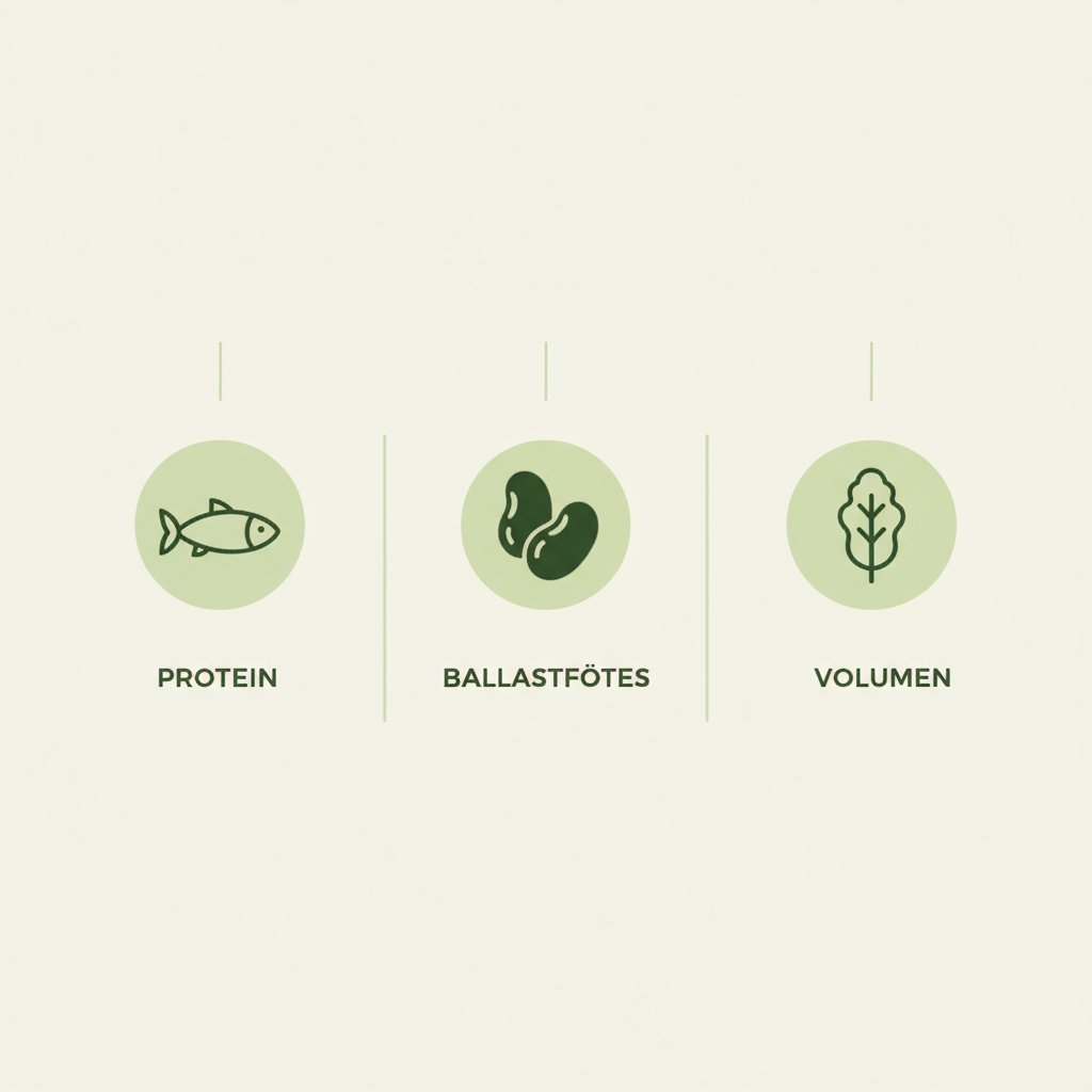 2D-Vektorinfografik, Farben #dbdbcf/#a5cd8d/#21431f: drei Spalten mit Icons (Fisch, Bohnen, Blatt) für Protein/Ballaststoffe/Volumen — abends essen ohne zuzunehmen