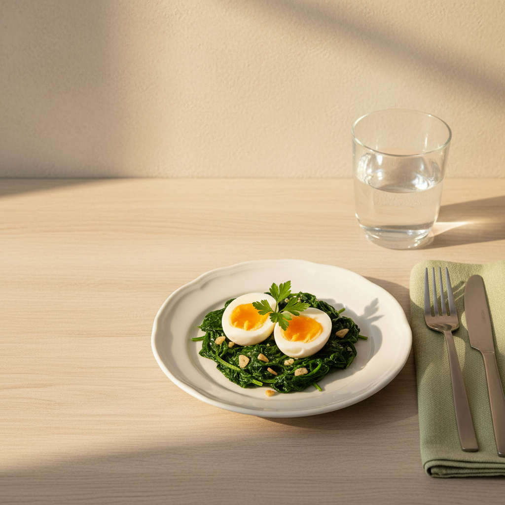 Kleiner Teller mit Ei und Blattspinat auf Holztisch, warme Beleuchtung, minimalistisches Abendessen im Stil Schnell Lecker — abends essen ohne zuzunehmen