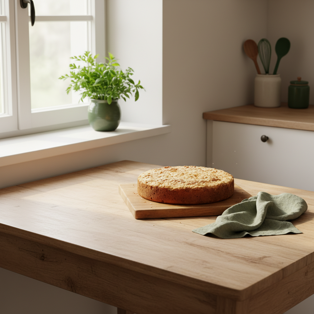 Gemütliche Hausküche mit Torte auf Holzbrett und frischen Kräutern am Fenster, warme Brand-Farben, minimalistisch — Torte aus dem Kühlschrank nehmen