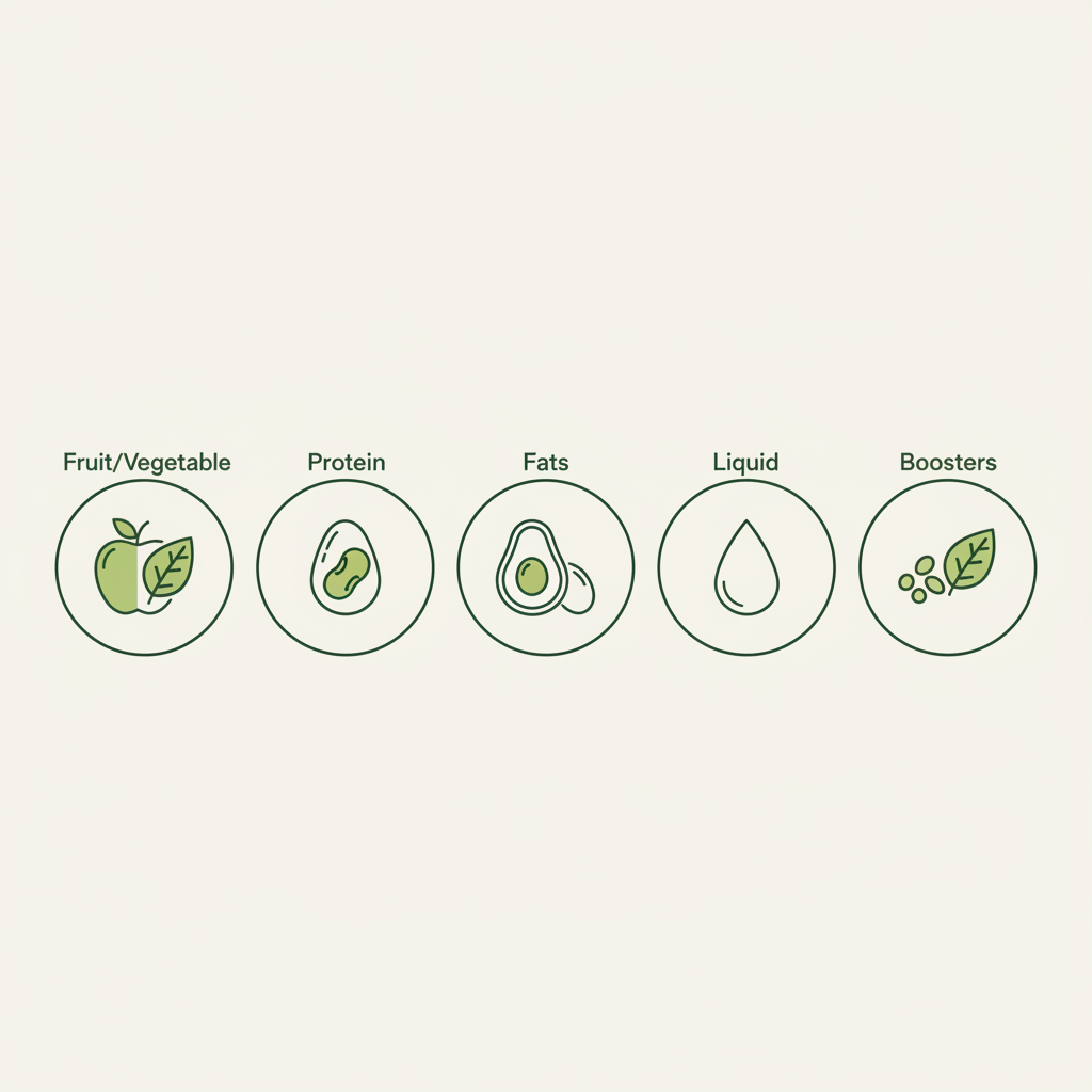 Vektor-Infografik mit fünf minimalistischen Icons als Bausteine für einen gesunden Smoothie: Obst/Gemüse, Eiweiß, Fette, Flüssigkeit, Booster – Markenfarben und klares Layout.