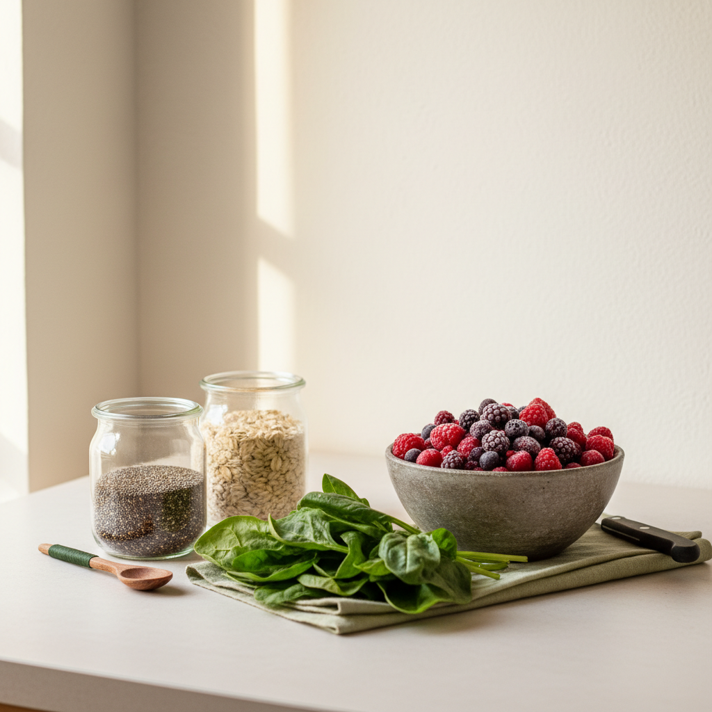 Minimalistische Küchenaufnahme mit Smoothie gesund Zutaten: gefrorene Beeren, Spinatbündel, Hafer- und Samen-Gläser vor hellem #dbdbcf Hintergrund, warme natürliche Beleuchtung