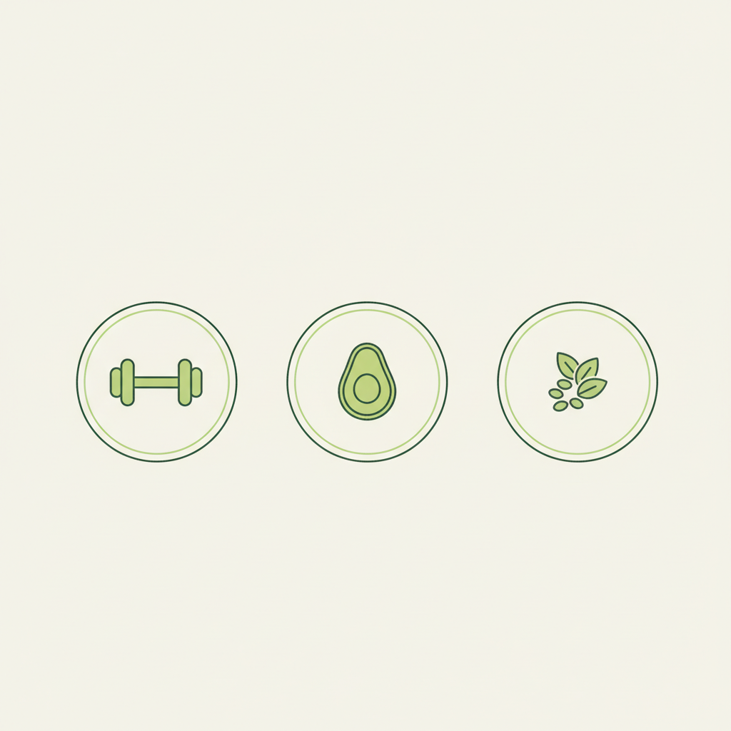 Minimalistische 2D-Vektor-Infografik mit drei Icons (Hantel, Avocado, Samen) zu Protein, Fett und Ballaststoffen – passend für Artikel über täglich Smoothie trinken.