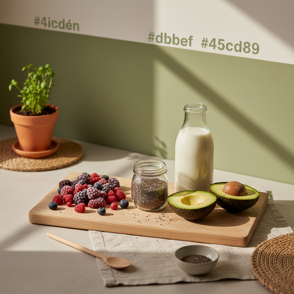 täglich Smoothie trinken – Vollbild-Stillleben mit Avocadohälften, gefrorenen Beeren, Samen im Glas und Mandelmilch auf Holzbrett, minimalistisch, warme europäische Küche